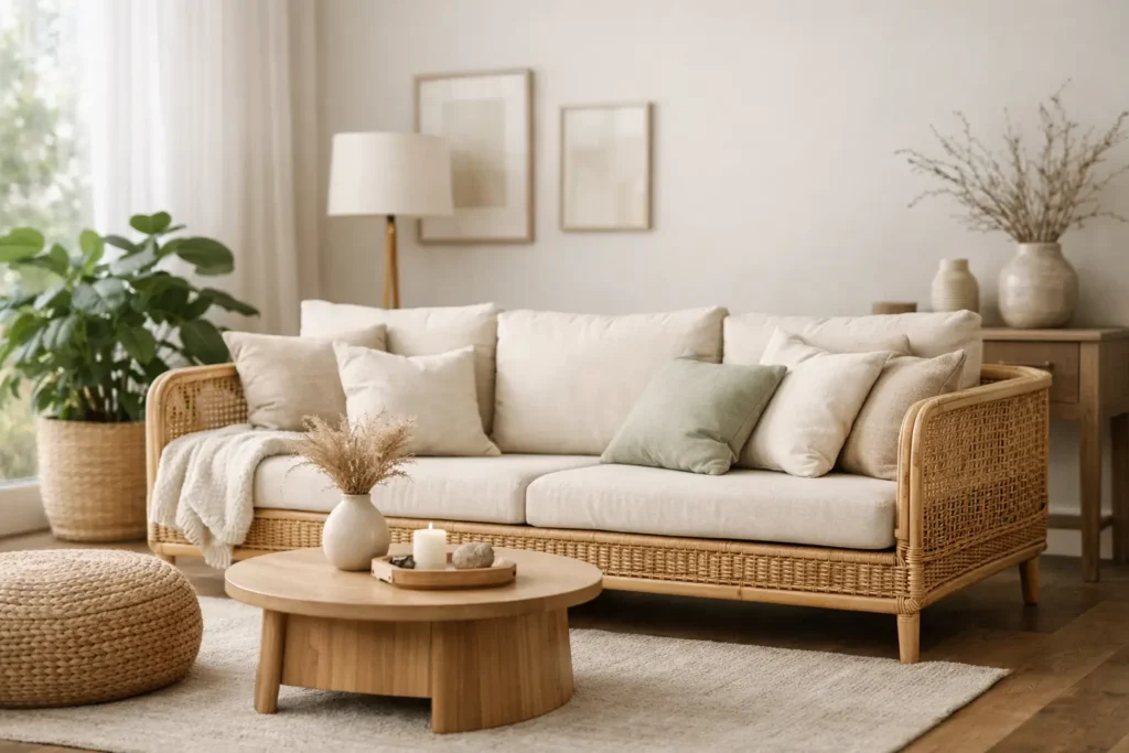 Sofás de rattan interior para una casa serena