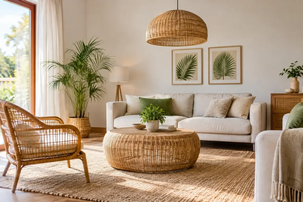 Reforma de salón con rattan: luz y equilibrio